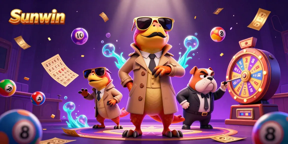 Experience excitement at Sunwin Casino with animated raptors entering a VIP lounge amidst colorful gaming elements.
