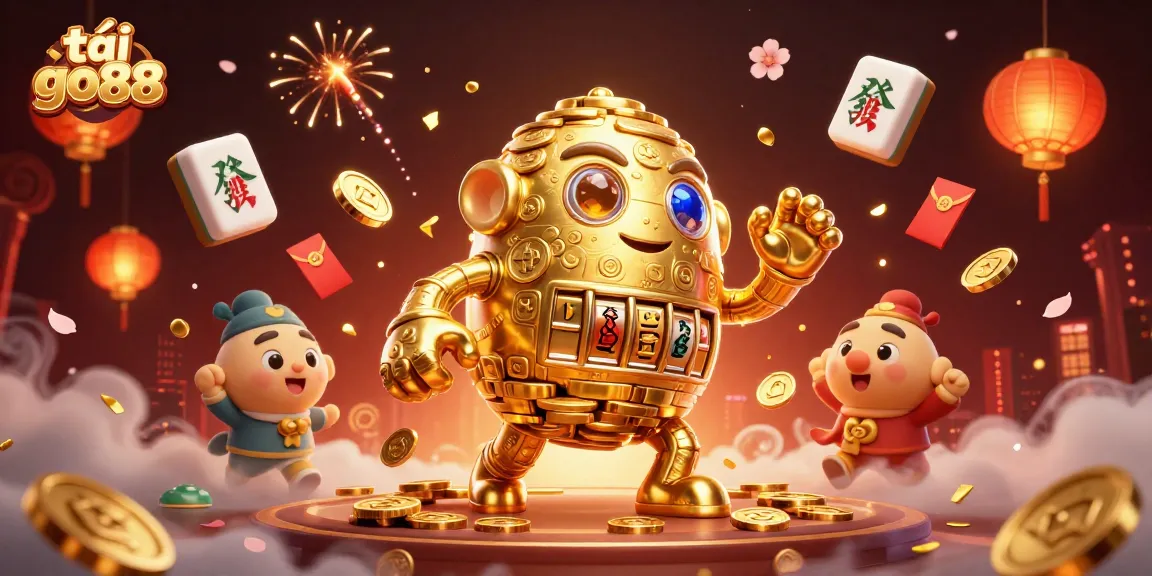 Engage with the vibrant world of tải go88 featuring a golden golem amidst floating mahjong tiles and festive elements.