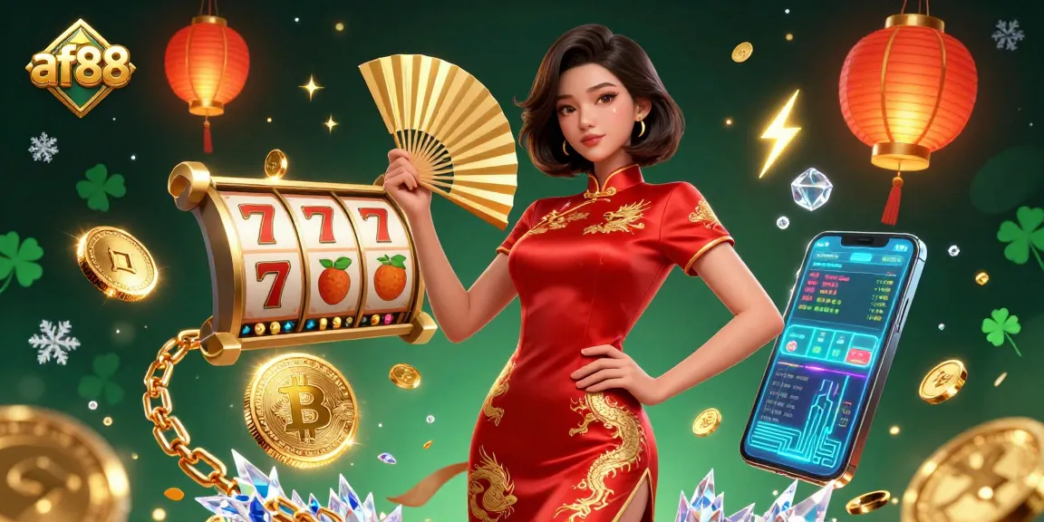 Experience thrilling gameplay with af88's slot reels illuminated by vibrant Chinese elements and cryptocurrency icons.