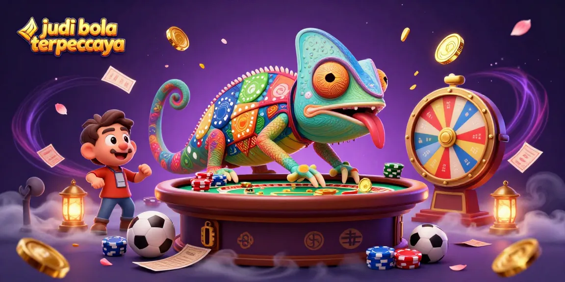 Engage in exciting betting with judi bola terpercaya, a cartoon chameleon owner, sports elements, and dynamic visuals.