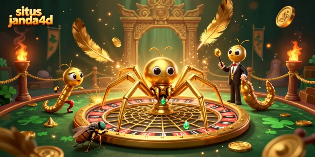 Taruhan di situs janda4d dengan karakter kasino 3D yang berinteraksi di arena permainan.