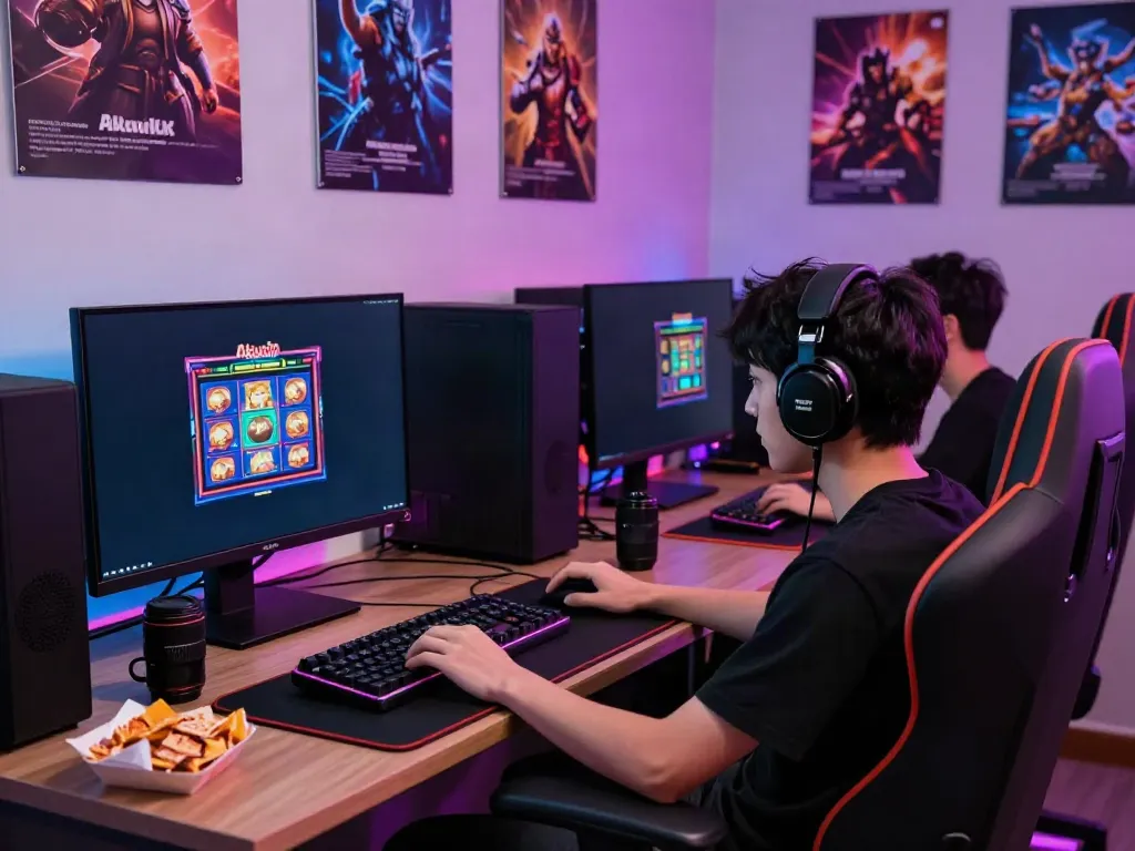 Akunjp gaming setup with colorful slot machine interface and vibrant atmosphere.