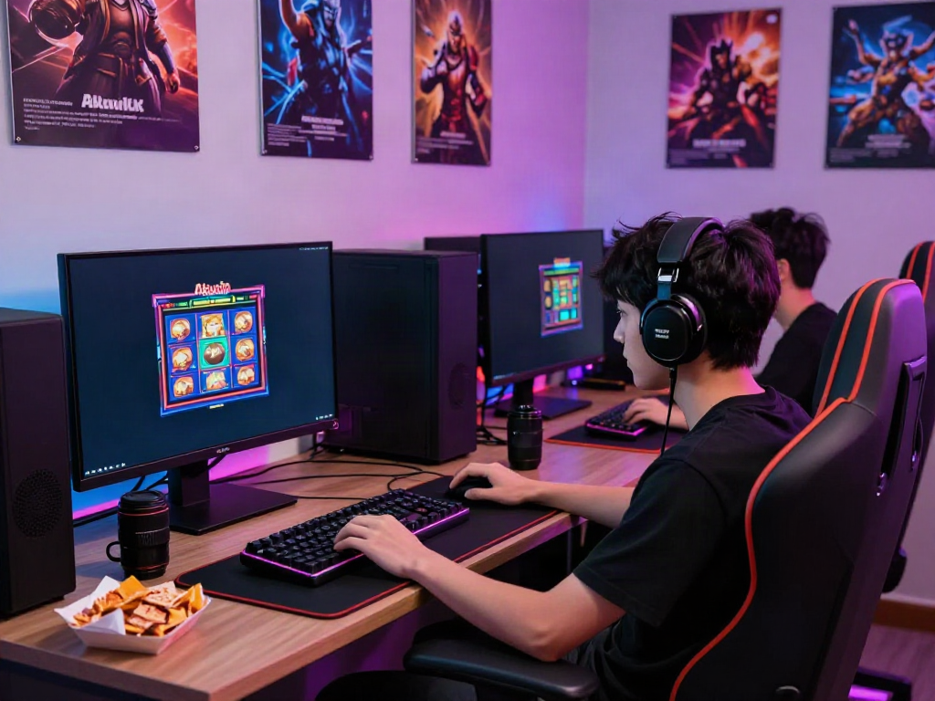 Akunjp gaming setup with colorful slot machine interface and vibrant atmosphere.