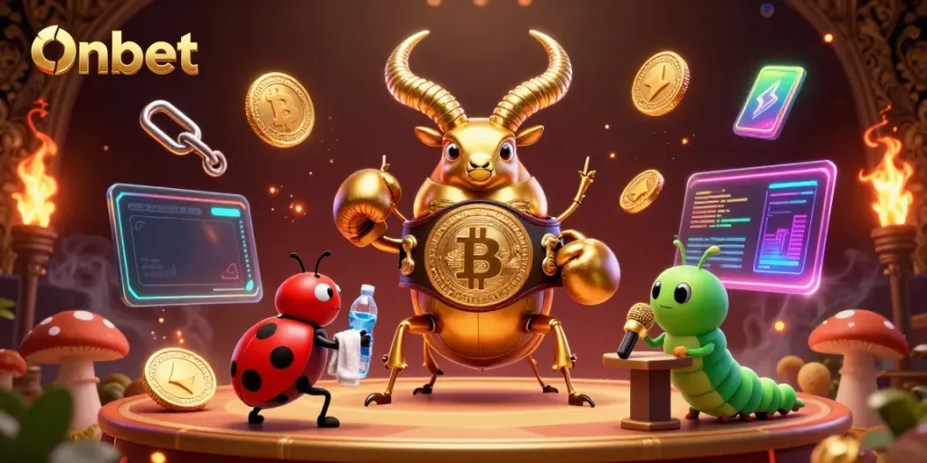 Engage with Onbet's thrilling gaming experience alongside vibrant characters and dazzling crypto elements.