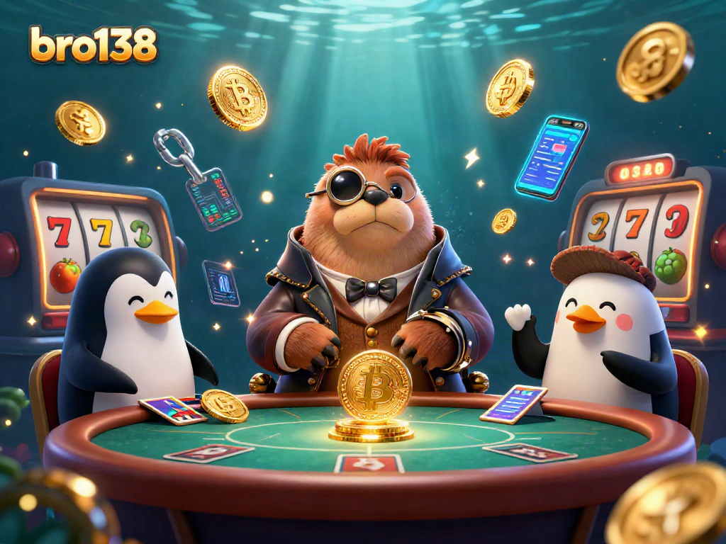 Engage with bro138 in a vibrant underwater casino scene featuring a walrus playing poker.