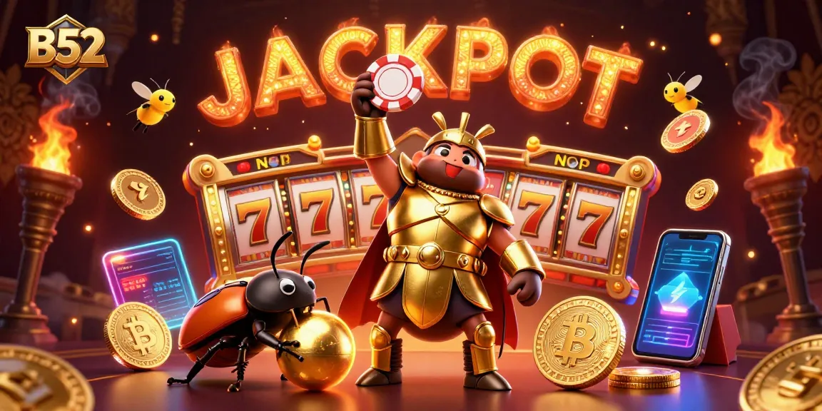 B52-themed casino illustration with vibrant characters celebrating a jackpot amidst gaming icons