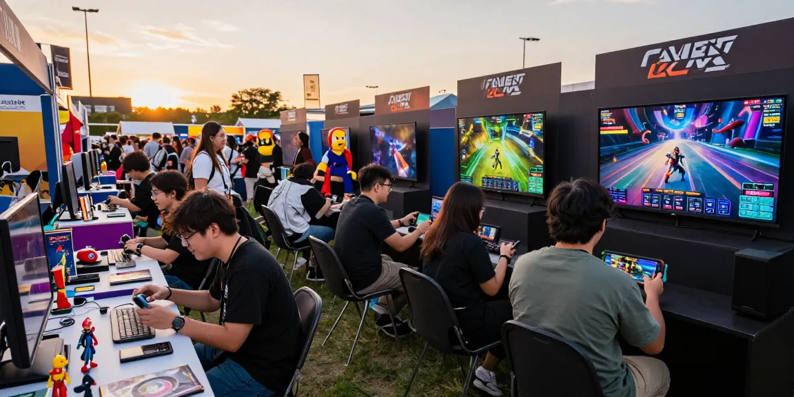 Friends enjoying the hit club gaming festival, surrounded by vibrant booths and eSports displays