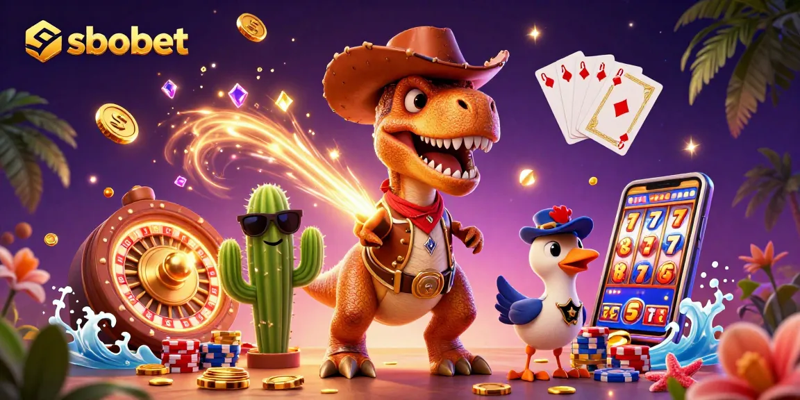 Experience thrilling sbobet betting action with a dynamic scene featuring a powerful T-Rex and casino elements.