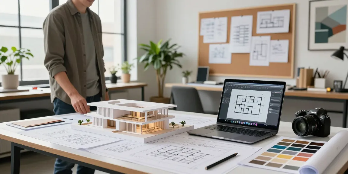 Di studio desain arsitektur modern, seorang arsitek menunjukkan rencana bangunan inovatif di https://miami4d.com/ dengan sketsa dan model 3D.