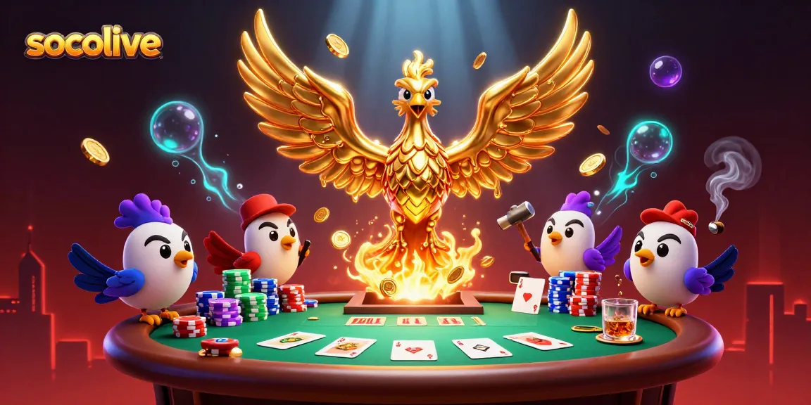 Socolive captures the excitement of live sports betting with a dynamic, gold-infused phoenix and poker gaming elements.