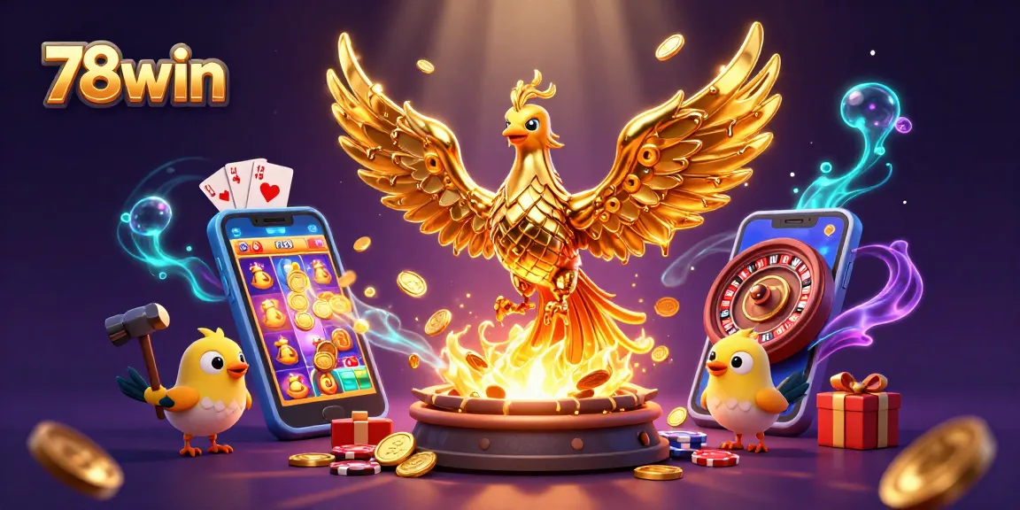 Join the excitement of 78win with a dynamic slot game illustration showcasing golden phoenix and rewards.