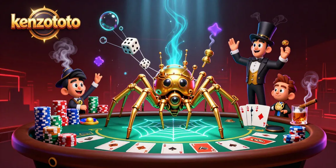 Kenzototo invites players to win big with steampunk-themed slots amidst a captivating golden web.