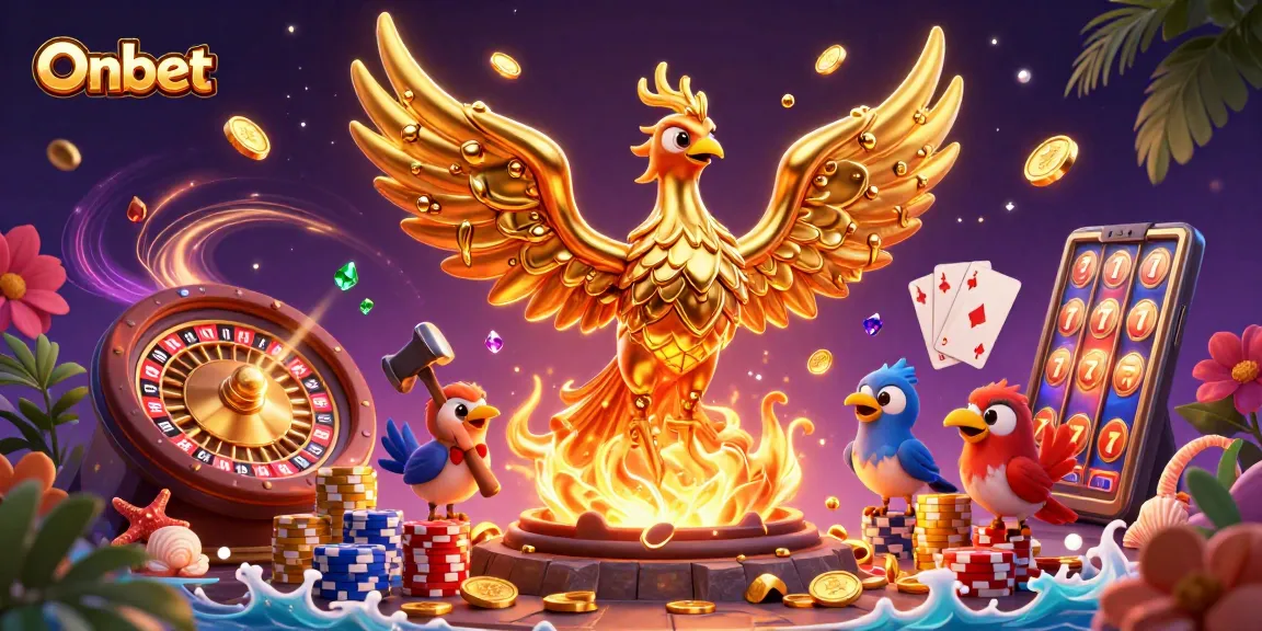 Win big at Onbet with spinning tables, golden coins, and vibrant casino elements