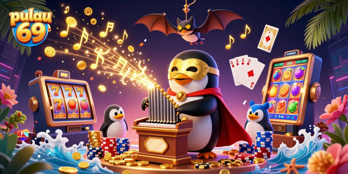 Pulau 69 showcases a lively casino scene with a penguin organist, bat acrobat, and slot machines