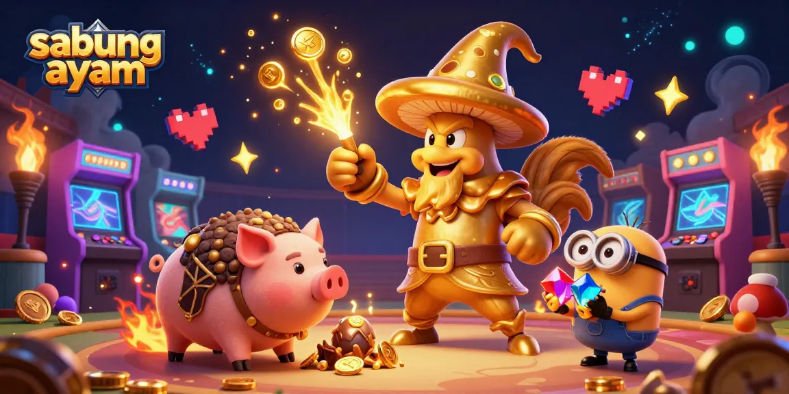 Engage in the exhilarating sabung ayam with a dynamic scene featuring a wizard and treasure-pig amidst a vibrant cockfighting arena.