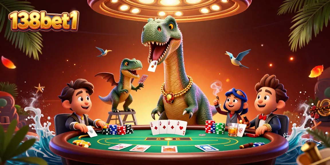 Embark on epic gaming adventures at 138bet1, featuring a brontosaurus interacting at a bustling poker table.