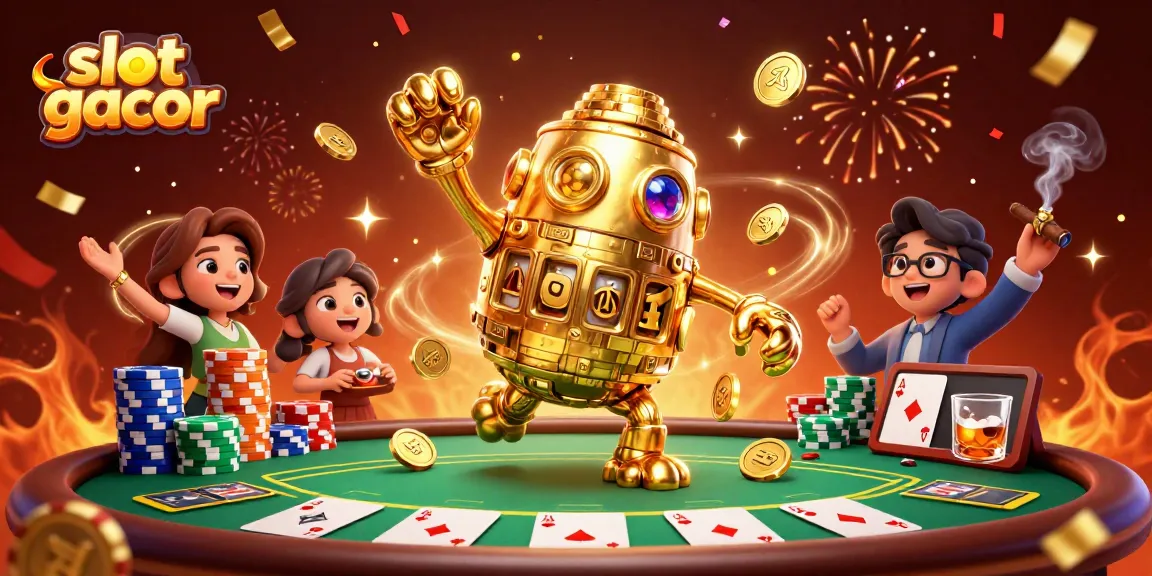 Interactive slot gacor scene featuring a golden golem and poker elements, celebrating wins.