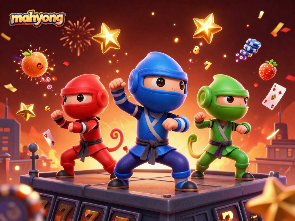 Play mahyong slots to win big with our team of chameleon ninjas celebrating on a vibrant rooftop
