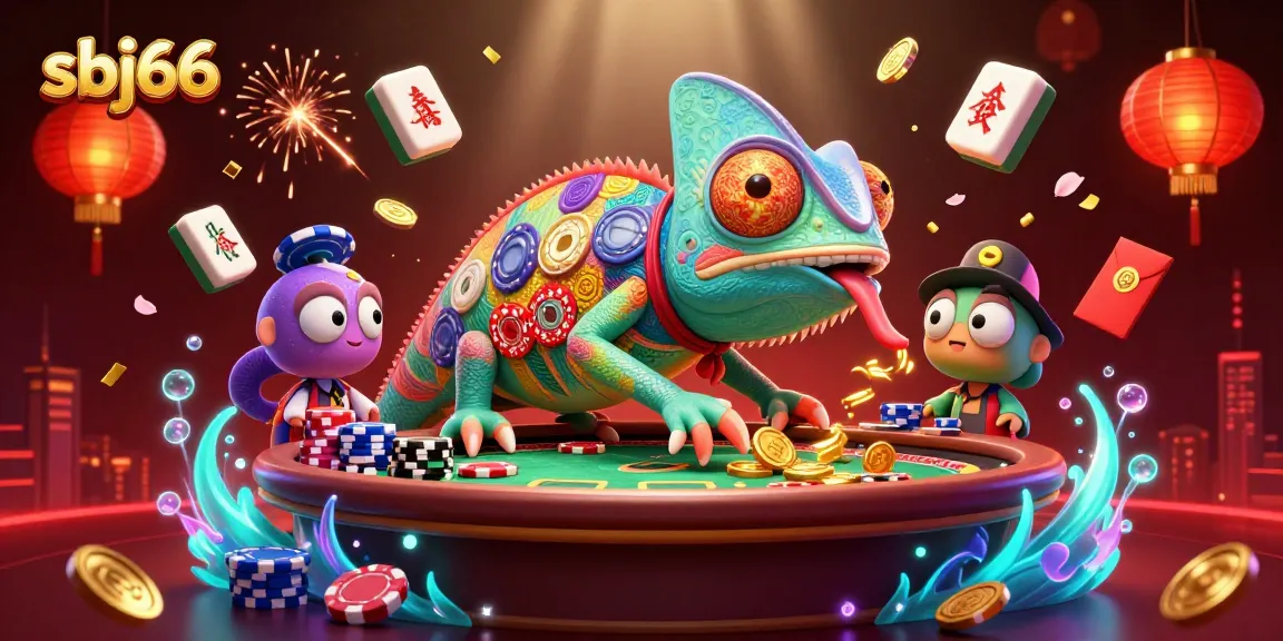 Experience thrilling gameplay at sbj66, featuring a vibrant casino scene with a chameleon casino owner.
