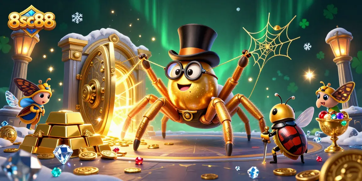 Experience thrilling gameplay at 8sc88 with vibrant 3D casino art featuring a giant tarantula and golden treasures.