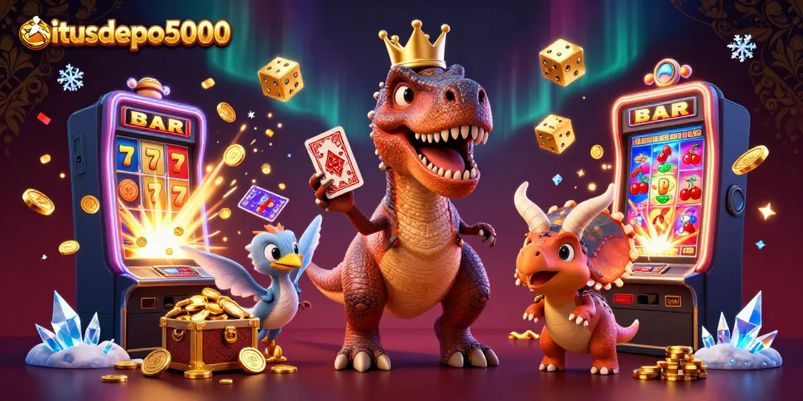 Experience the excitement at situsdepo5000 with friendly dinosaurs playing slots and winning coins in a vibrant casino scene.