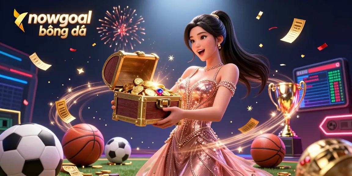 Bet on nowgoal bóng đá for exciting live sports scores featuring a joyful woman with treasures.