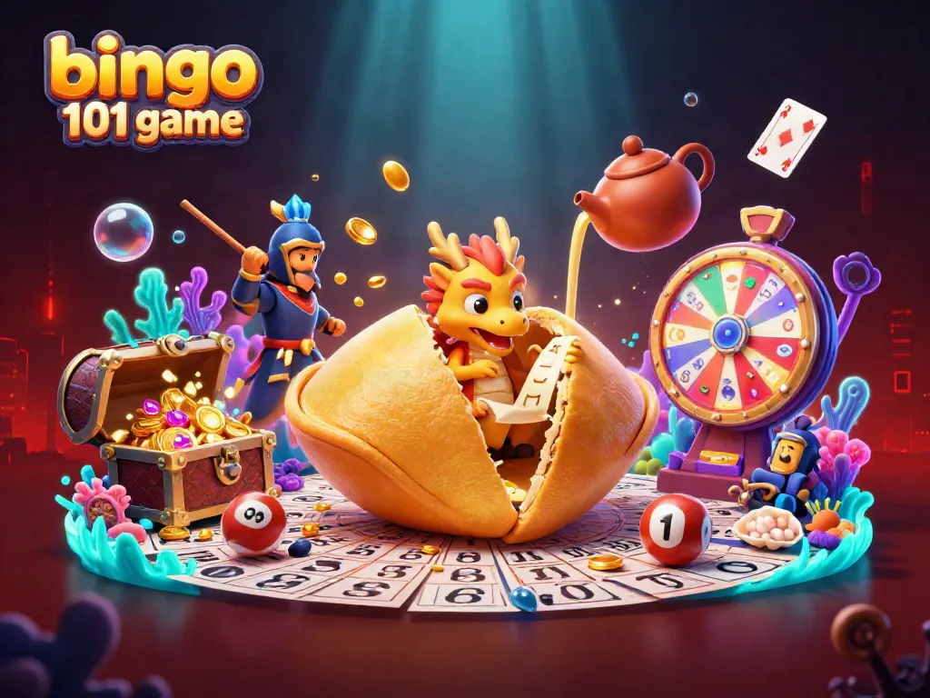 Engage in the bingo 101 game with a lively scene of fortune cookies, dragons, and colorful bingo elements.