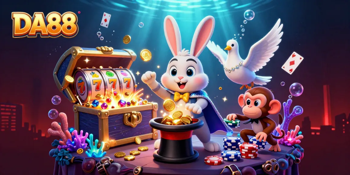 Engage with DA88's vibrant casino scene featuring a magician rabbit, sparkling coins, and lively slots.