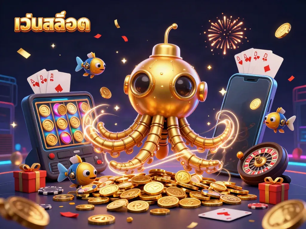 Experience thrilling เว็บสล็อต action with a golden kraken submarine and vibrant casino elements amidst a sea of coins.