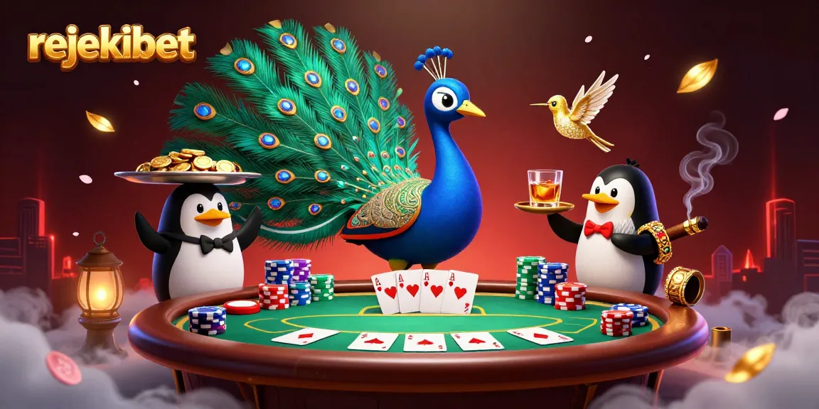 Win big in rejekibet with a vibrant 3D casino scene featuring unique characters and poker elements.