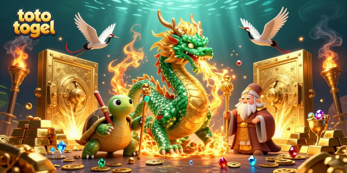 Engage with the thrilling toto togel experience through a magical illustration featuring a jade dragon and lucky cranes.