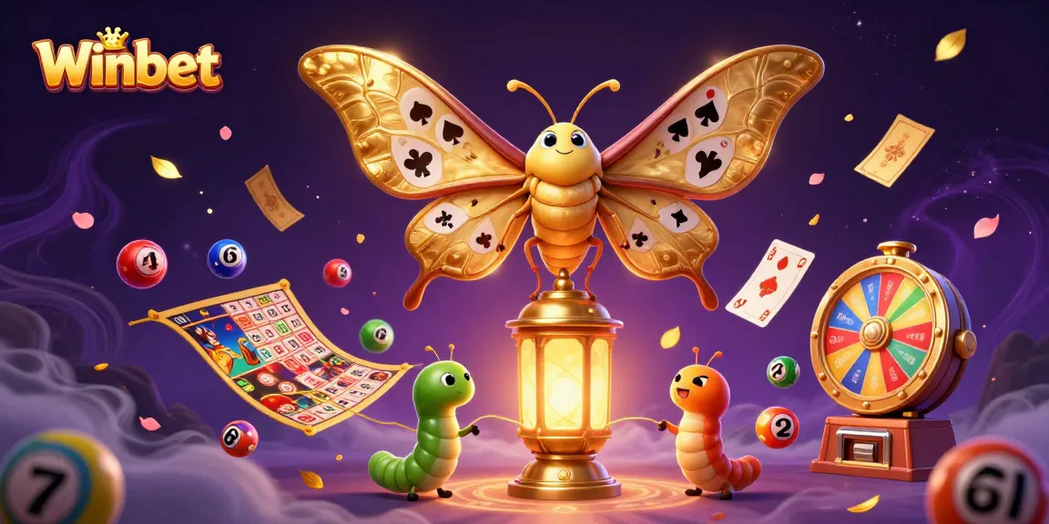 Winbet showcases its vibrant atmosphere with a 3D illustration of dynamic lottery balls and a majestic moth.
