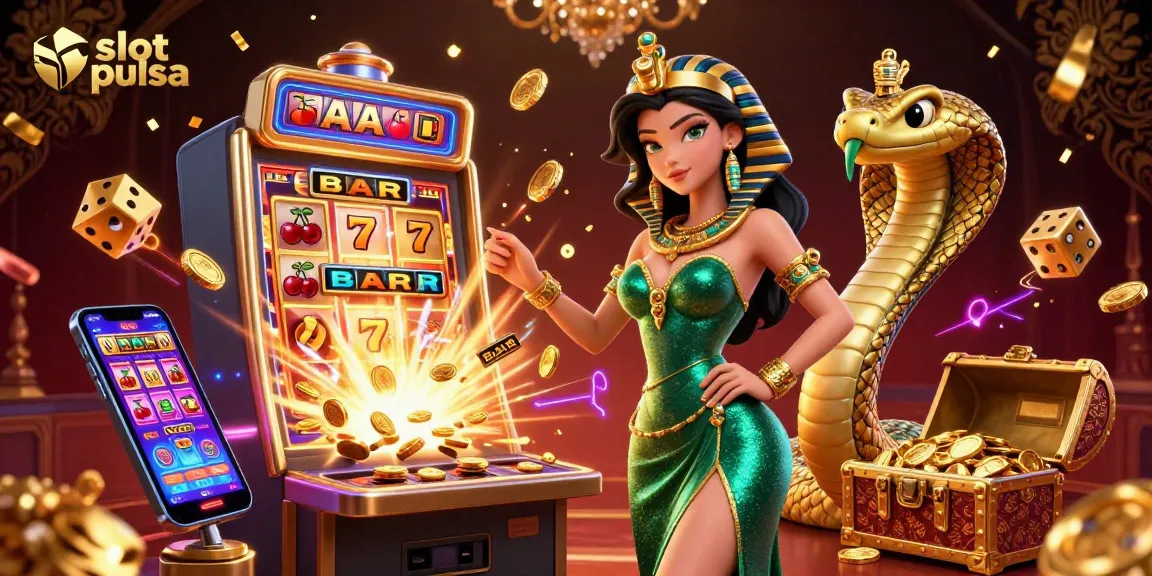 Experience thrilling slot pulsa action with a vibrant 3D casino illustration featuring dynamic game elements and characters.