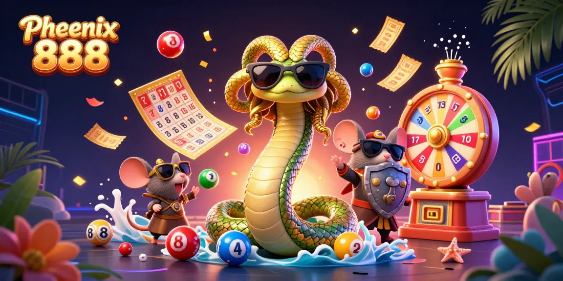 Engage with Phoenix 888's vibrant casino scene featuring Medusa and a warrior mouse amidst colorful lottery excitement.