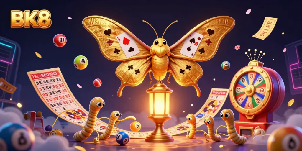 Engage with BK8's vibrant online casino scene, featuring a majestic moth amidst cascading lottery elements.