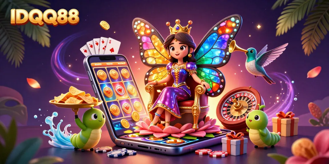 Experience the excitement of IDQQ88 with a colorful 3D casino illustration showcasing slots and vibrant game elements.