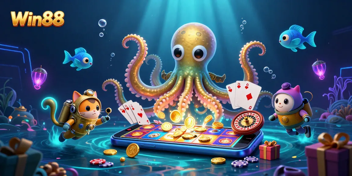Engage with the vibrant Win88 scene featuring a kraken, diving cat, and casino elements.