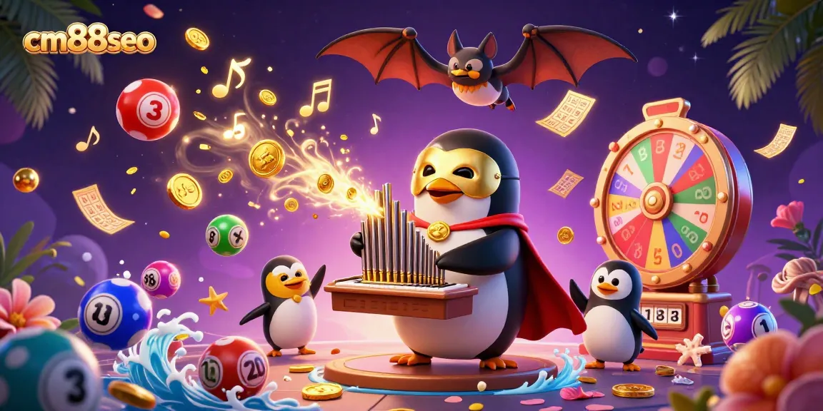 Engage with cm88seo as a 3D cartoon penguin creates winning moments in this vibrant casino illustration.