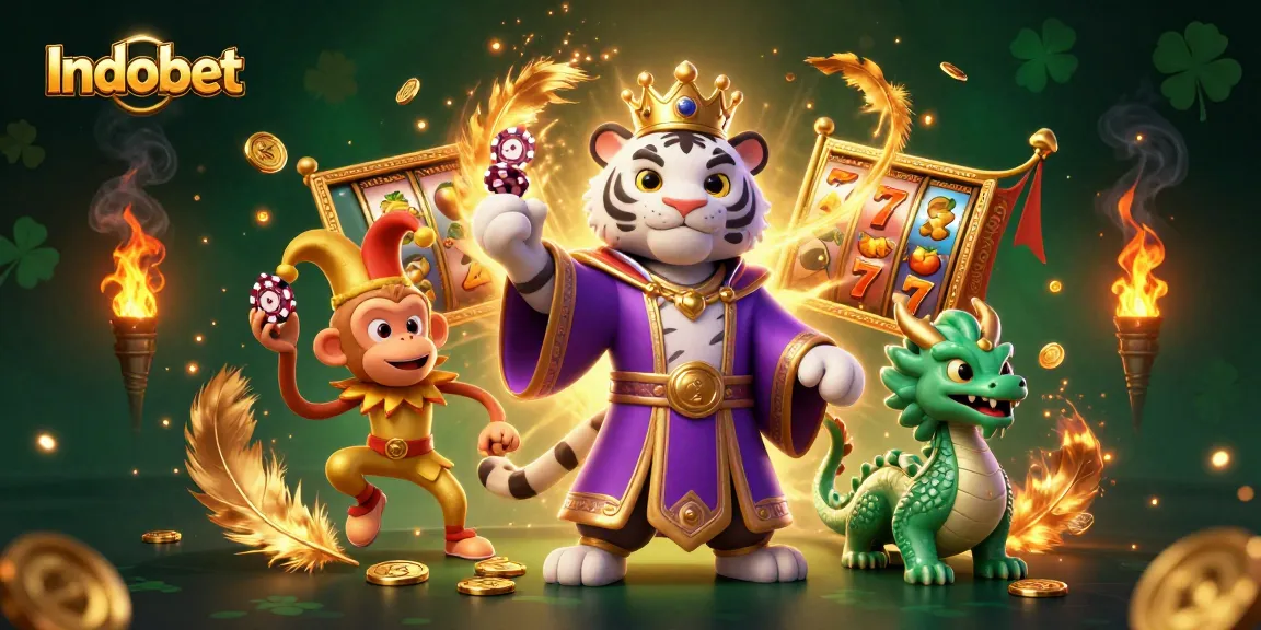 Indobet menampilkan harimau putih kartun yang megah dan monyet jester yang bahagia di kasino dengan koin emas.