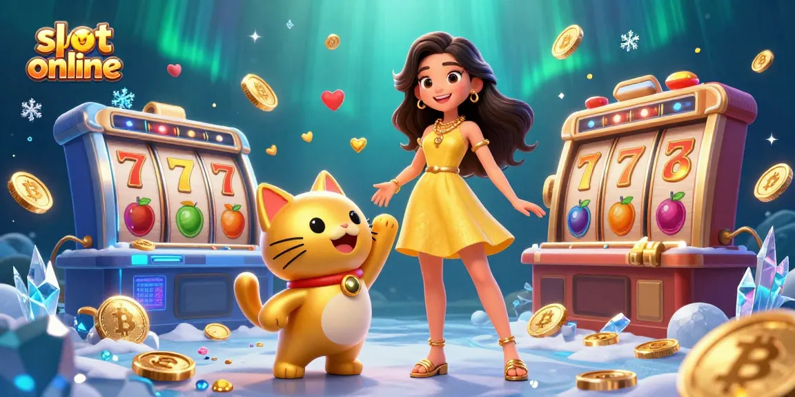 Spin and win with slot online as a beautiful Asian woman interacts with a lucky cat mascot amid sparkling elements.