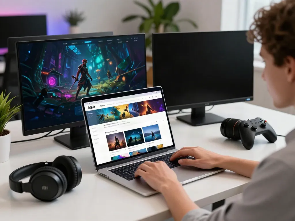 A80 website interface on a laptop in a vibrant tech workspace.
