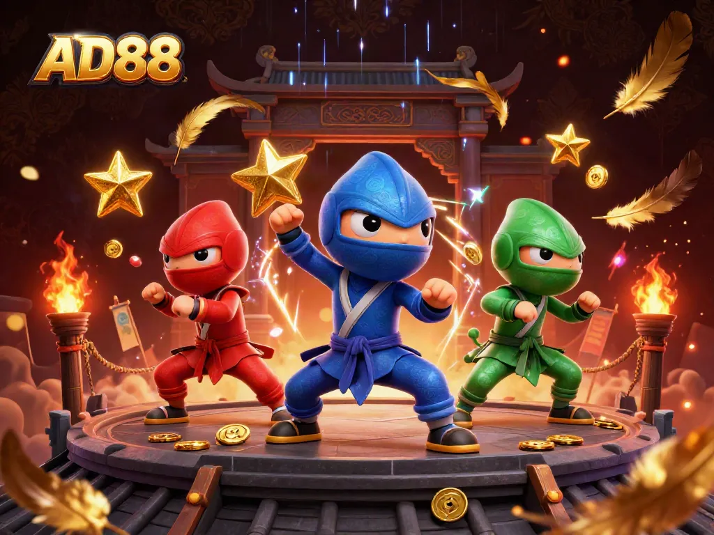Engage with AD88's captivating 3D illustration showcasing vibrant ninja chameleons in a dynamic casino scene.