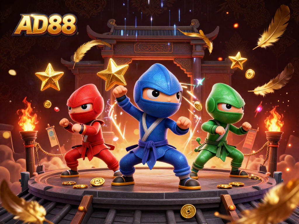 Engage with AD88's captivating 3D illustration showcasing vibrant ninja chameleons in a dynamic casino scene.