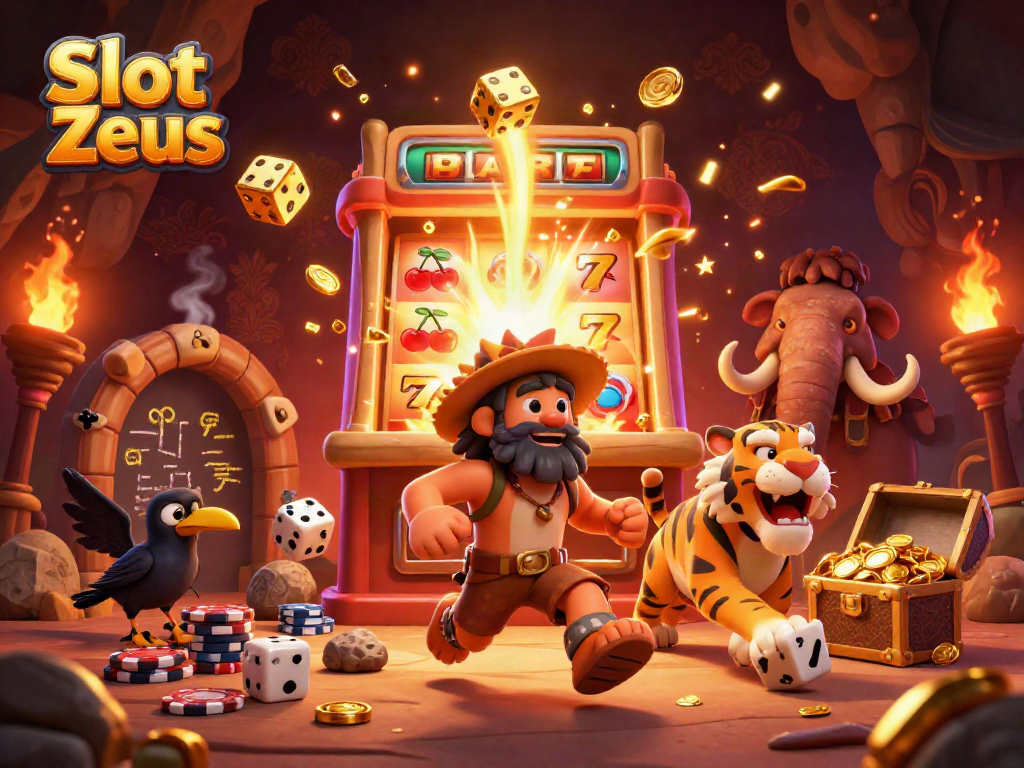Experience the excitement of Slot Zeus with cartoon characters enjoying a prehistoric casino adventure.