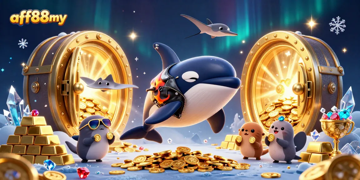 Engage with afb88my's vibrant 3D illustration showcasing a jumping orca whale and playful sea otters in a casino treasure scene.