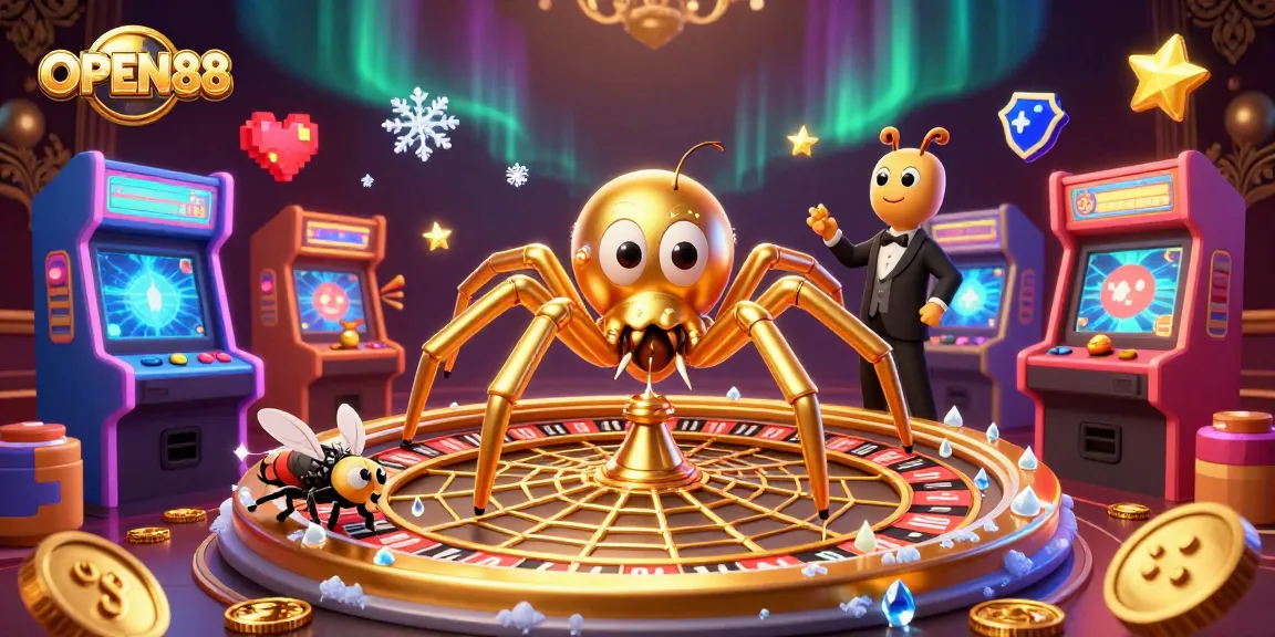Engage in thrilling gameplay with OPEN88's dynamic 3D casino illustration featuring a roulette wheel web.