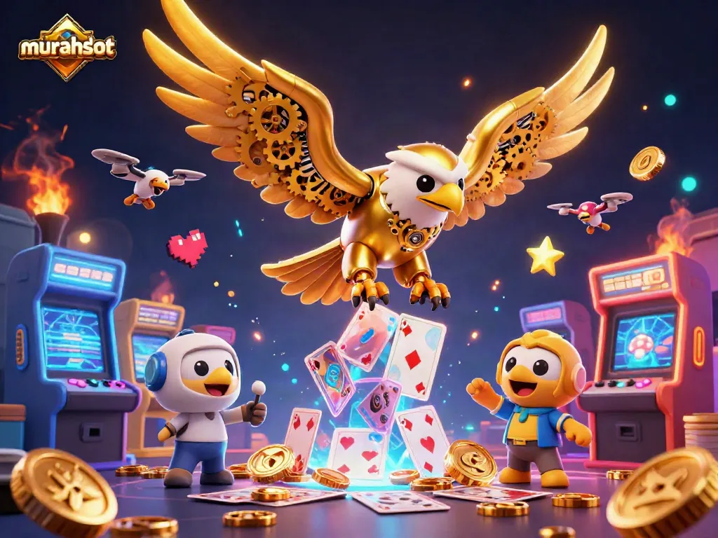 Murahslot hadir dengan ilustrasi 3D yang menampilkan seekor elang emas siberis yang meluncur diantara kartu bermain holografik dan mesin game cerah.