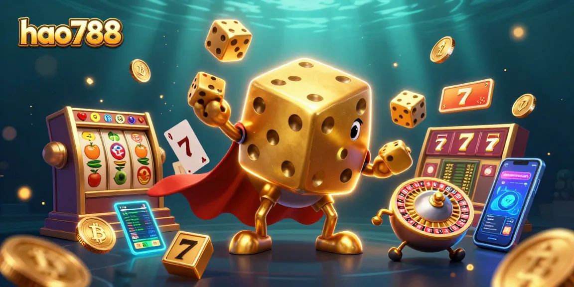 HAO788 menyajikan ilustrasi kasino 3D dengan karakter dadu emas besar dan elemen permainan slot yang memikat.