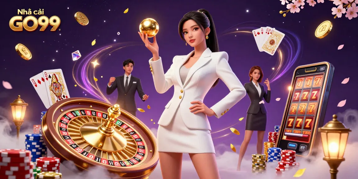Experience the thrill of Nhà cái GO99 with an interactive 3D casino scene featuring games and glamorous visuals.