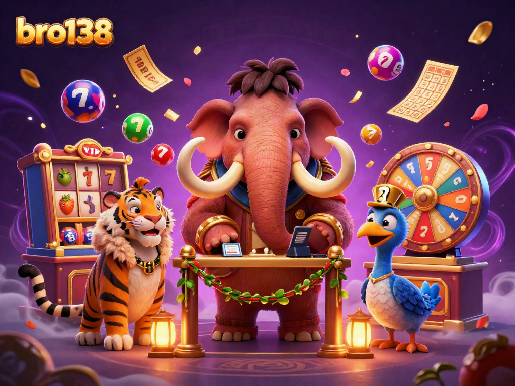 bro138 showcases a vibrant casino scene with dynamic slot reels, colorful lottery balls, and playful characters.